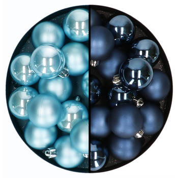Kleine kerstballen 32x stuks - mix donkerblauw en ijsblauw - 4 cm - kunststof - Kerstbal