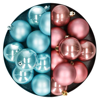 Kerstballen 24x stuks - mix oudroze en ijsblauw - 6 cm - kunststof - Kerstbal