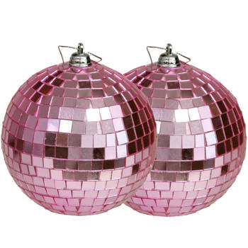 Othmar Decorations disco kerstballen - 2x - roze - 10 cm - kunststof - Kerstbal