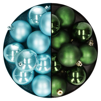 Kerstballen 24x stuks - mix donkergroen en ijsblauw - 6 cm - kunststof - Kerstbal