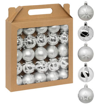Feeric Christmas gedecoreerde kerstballen 25x- 6 cm - zilver/wit -kunststofA - Kerstbal