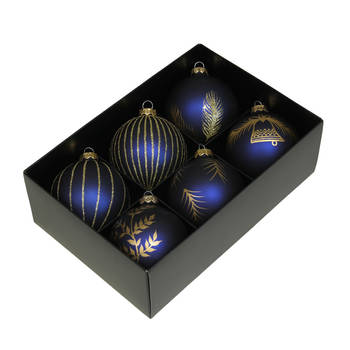 Othmar Decorations kerstballen - gedecoreerd - 6x - 8 cm - donkerblauw - Kerstbal