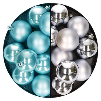 Kerstballen 24x stuks - mix zilver en ijsblauw - 6 cm - kunststof - Kerstbal