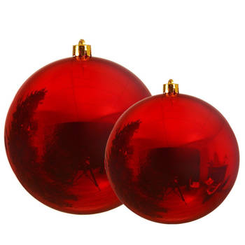 Grote kerstballen 2x stuks rood 14 en 20 cm kunststof - Kerstbal