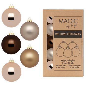 Kerstballen van glas - 30x - bruin tinten - 6 cm -milieubewust verpakt - Kerstbal
