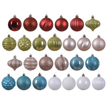 Decoris gedecoreerde kerstballen - 30x -plastic - gekleurd- 7cm - Kerstbal