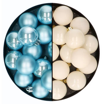 Kleine kerstballen 32x stuks - mix wol wit en ijsblauw - 4 cm - kunststof - Kerstbal