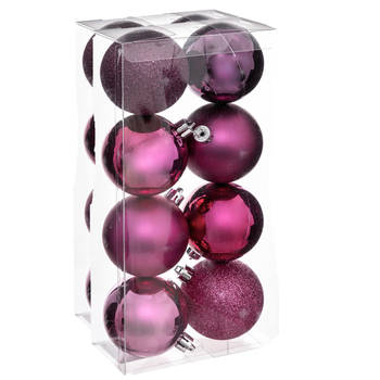 Atmosphera kerstballen - 16x stuks - framboos roze - kunststof - 7 cm - Kerstbal