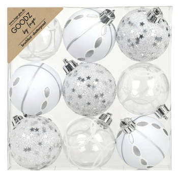 Inge Christmas Goodz kerstballen - 9x st- 6 cm - kunststof - zilver/wit - Kerstbal