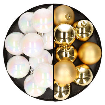 24x stuks kunststof kerstballen mix van goud en parelmoer wit 6 cm - Kerstbal