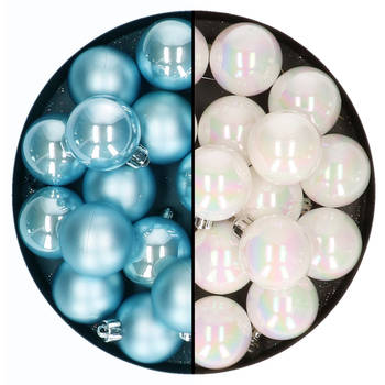 Kleine kerstballen 32x stuks - mix parelmoer wit en ijsblauw - 4 cm - kunststof - Kerstbal