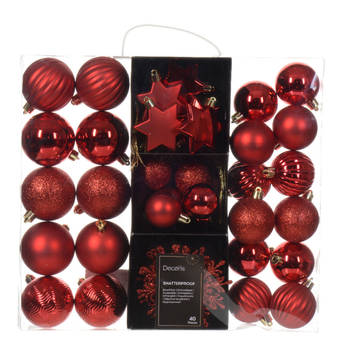 Decoris kerstballen en kersthangers - 40x - kunststof - rood - mix - Kerstbal