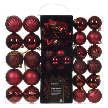 Decoris kerstballen en kersthangers - 40x - kunststof - donkerrood - mix - Kerstbal