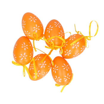 6x stuks Pasen/paas hangdecoratie paaseieren oranje 6 cm - Feestdecoratievoorwerp