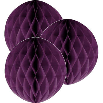 3 aubergine paarse papieren kerstballen 10 cm - Feestdecoratievoorwerp