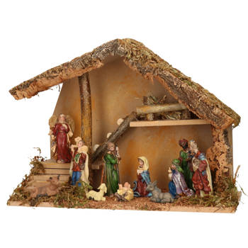 Complete kerststal met kerststal beelden -H28 cm - hout/mos/polyresin - Kerststallen