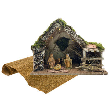 Complete kerststal inclusief Jozef, Maria en Jezus beelden en ondergrond - Kerststallen