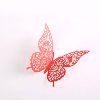 Cake topper decoratie vlinders of muur decoratie met plakkers 12 stuks rood - 3D vlinders - VL-02