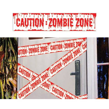Halloween thema plastic afzetlint Caution Zombie Zone 600 cm - Markeerlinten