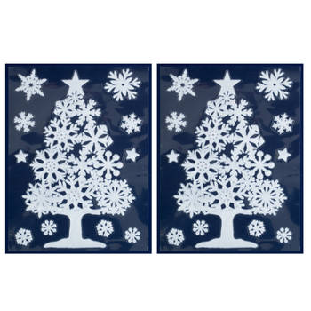 2x Witte kerst raamstickers kerstboom met sneeuwvlokken 40 cm - Feeststickers