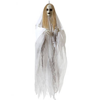 Halloween/horror thema hang decoratie Geest/spook - met LED licht en geluid - griezel pop - 100 cm - Feestdecoratievoorw