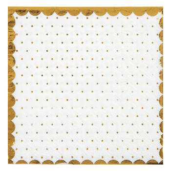 Santex papieren servetten - stippen - Bruiloft - 20x stuks - 25 x 25 cm - wit/goud - Feestservetten