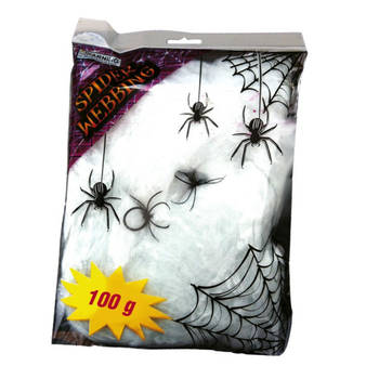 Fiestas Decoratie spinnenweb/spinrag met spinnen - 100 gram - wit - Halloween/horror versiering - Feestdecoratievoorwerp