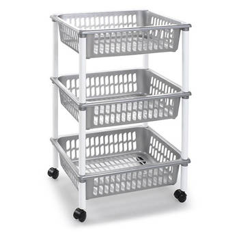 Opberg trolley/roltafel/organizer met 3 manden 40 x 30 x 61,5 cm zilver/wit - Opberg trolley