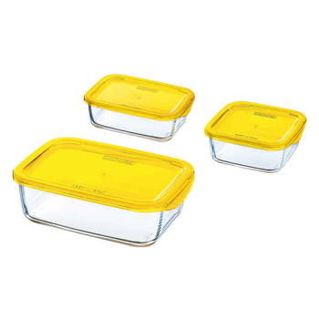 3x Glazen voedsel bewaar bakjes geel - Vershoudbakjes