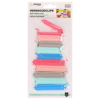 Benson Vershoudclips/vershoudknijpers - 10x - kunststof - pastel kleuren - Vershoudknijpers