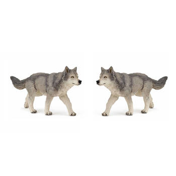 Set van 2x stuks plastic speelgoed figuur grijze wolf/wolven 12 cm - Speelfiguren