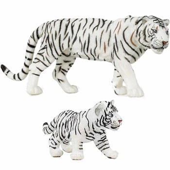 Plastic speelgoed dieren figuren setje witte tijgers familie van moeder en kind - Speelfigurenset