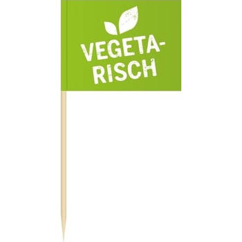 50x Vlaggetjes prikkers Vegetarisch 8 cm hout/papier - Cocktailprikkers