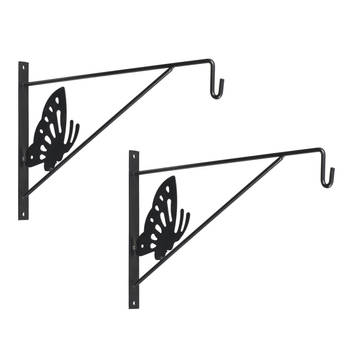2x stuks muurhaak / plantenhaak met vlinder voor hanging basket van verzinkt staal grijs antraciet 35 cm - Plantenbakhak