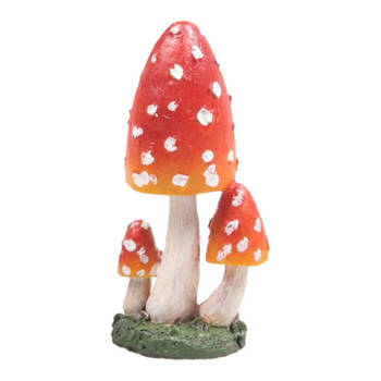 Decoratie huis/tuin beeldje paddenstoelen - hoge hoed - vliegenzwammen - rood/wit - 10 cm - Tuinbeelden