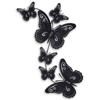 Pro Garden tuin wanddecoratie vlinders - metaal - zwart - 30 x 65 cm - Tuinbeelden