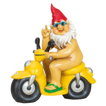 Tuinkabouter beeld Happy Nudist - Polystone - Scooter rijder - 28 x 26 cm - Tuinbeelden
