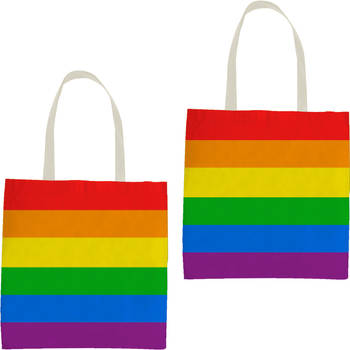2x Polyester boodschappen tasje regenboogkleuren/pride vlag 30 x 40 cm - Boodschappentassen