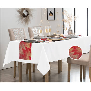 Wit tafelkleed 138 x 220 cm - met tafelloper rood/goud 28 x 300 cm - Feesttafelkleden