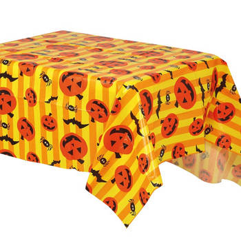 Halloween/horror thema feest tafelkleed - pompoenen/vleermuizen - geel - PVC - 130 x 175 cm - Feesttafelkleden