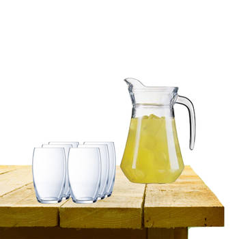 Luminarc karaf schenkkan van glas 1600 ml met 6x stuks Versailles serie water/drink glazen 375 ML - Drinkglazen