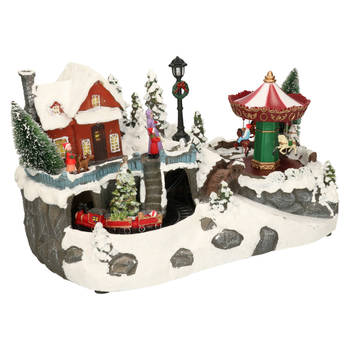 Christmas Decoration kerstdorp - draaiende carrousel -met licht- 34 cm - Kerstdorpen