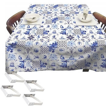 Blauw/witte tafelkleden/tafelzeilen Delfts blauwe tegels 140 x 250 cm rechthoekig met 4x tafelkleedklemmen - Tafelzeilen