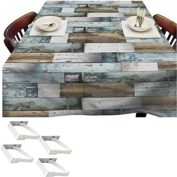 Blauwe tafelkleden/tafelzeilen houten planken print 140 x 250 cm rechthoekig met 4x tafelkleedklemmen - Tafelzeilen