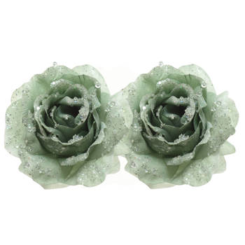 2x Kerstboomversiering/kerstornamenten groene rozen op clip 14 cm - Kunstbloemen
