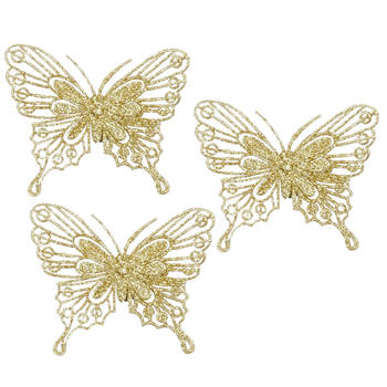 House of Seasons kerst vlinders op clip - 12x st - goud glitter - 10 cm - Kersthangers