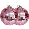 Othmar Decorations disco kerstballen - 2x - roze - 10 cm - kunststof - Kerstbal