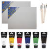 Schilders verf set van 6x tubes acrylverf/hobbyverf 75 ml + 2x doek + 5x kwasten - schildersets