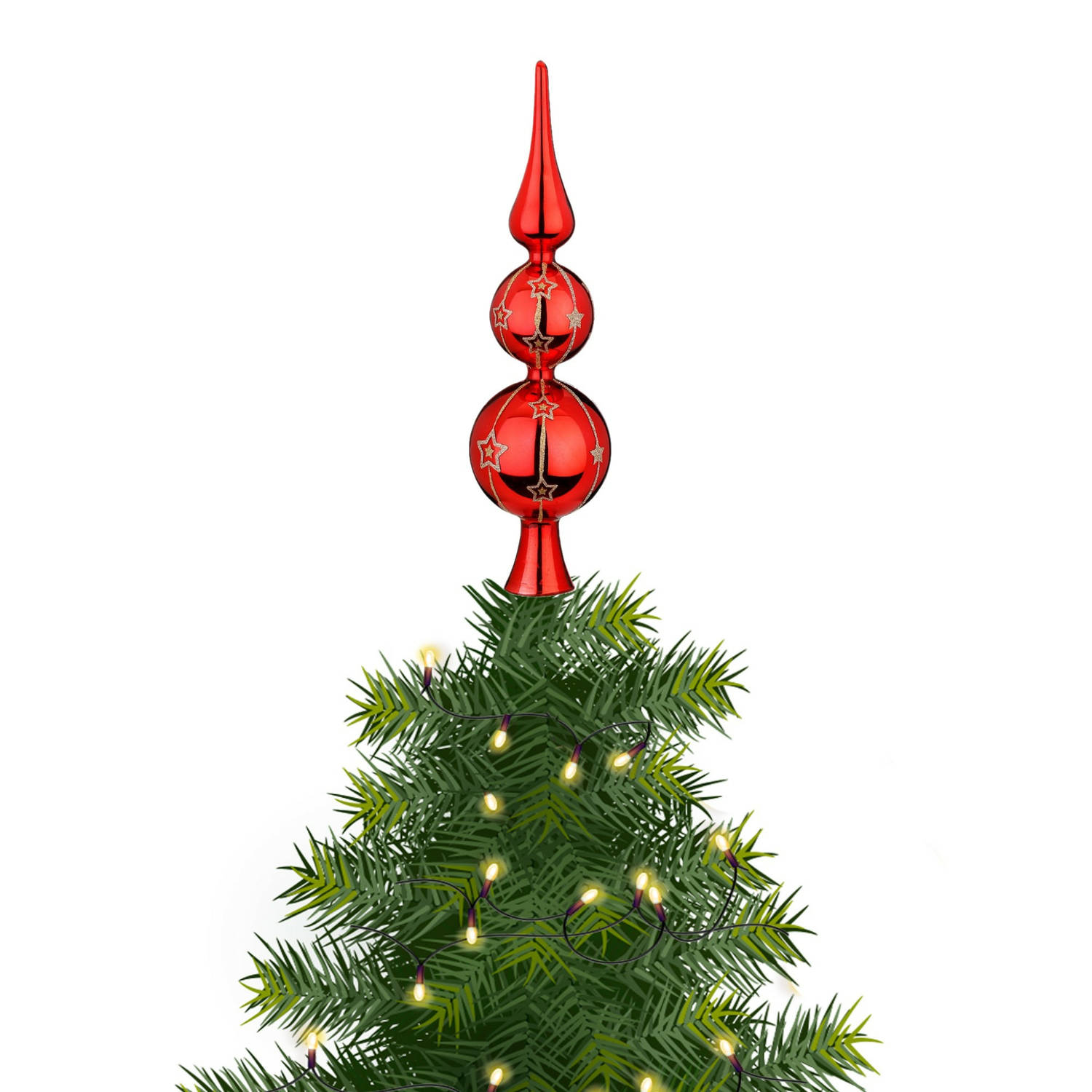 Inge Christmas Goodz kerstboom piek gedecoreerd rood glas 31 cm kerstboompieken