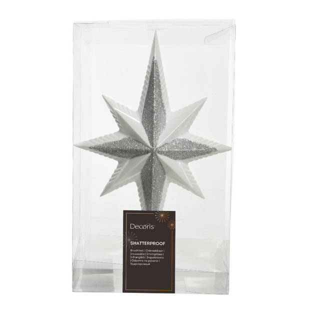Decoris piek - ster vorm - kunststof - wit/zilver - 2,5 cm - kerstboompieken